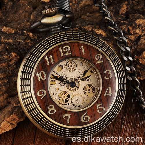 Reloj de bolsillo mecánico con esfera de números tallados en círculo de madera Vintage para hombre, cadena de reloj mecánica de bronce Steampunk hueca única